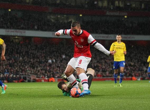 Arsenal s Lukas Podolski scoring his sides opening goal Arsenal vs Coventry City - FA Cup Fourth Round - Emirates Stadium - London - England - 24 01 2014 - Pic David Klein Sportimage EDITORIAL USE ONLY. No use with unauthorised audio, video, data, fixture lists, club league logos or live services. Online in-match use limited to 120 images, no video emulation. No use in betting, games or single club league player publications.