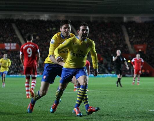 Arsenal s Santi Cazorla celebrates scoring his sides second goal Southampton FC vs Arsenal FC London - Barclays Premier League - St Mary s Stadium - Southampton - England - 28 01 2014 EDITORIAL USE ONLY. No use with unauthorised audio, video, data, fixture lists, club league logos or live services. Online in-match use limited to 120 images, no video emulation. No use in betting, games or single club league player publications.