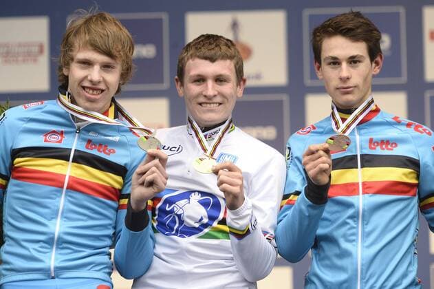 Siegerehrung : Peeters Yannick, Aerts Thijs and Schuermans Jelle (BEL) CYCLO CROSS : WM juniors homme - UCI - Hoogerheide - 01 02 2014 Photonews Panoramic 