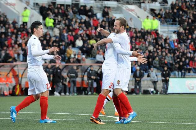 Emmanuel Riviere (Monaco) Valere germain (Monaco) James Rodriguez (Monaco) FOOTBALL : Lorient vs Monaco - Ligue 1 - 01 02 2014 N.LeGouic FEP Panoramic 