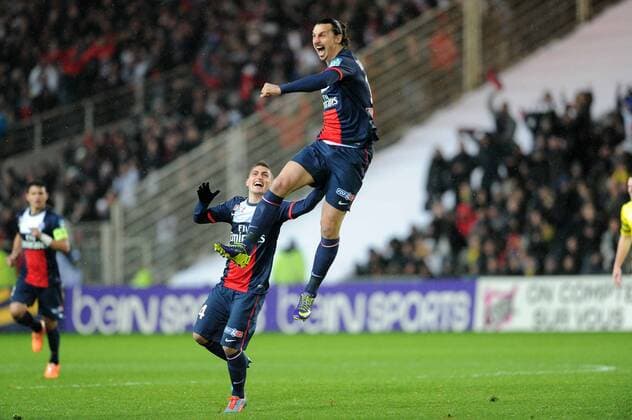joie de Zlatan Ibrahimovic apres son but - Marco Verratti(PSG) FOOTBALL : FC Nantes vs PSG Paris St Germain - Coupe de la Ligue - 04 02 2014 NLeGouicFEP 
