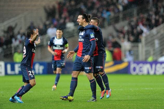 joie de Zlatan Ibrahimovic apres son but - Marco Verratti(PSG) FOOTBALL : FC Nantes vs PSG Paris St Germain - Coupe de la Ligue - 04 02 2014 NLeGouicFEP 
