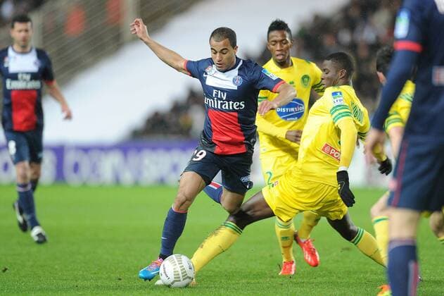 Lucas Moura (PSG) Papy Djilobodji (Nantes) FOOTBALL : FC Nantes vs PSG Paris St Germain - Coupe de la Ligue - 04 02 2014 NLeGouicFEP 
