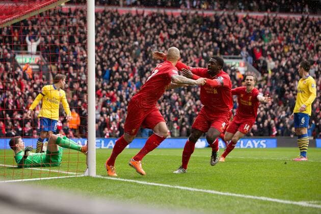 Martin Skrtel of Liverpool celebrates his opening goal - Liverpool vs. Arsenal - Barclays Premier League - Anfield - Liverpool - 08 02 2014 Pic Philip Oldham Sportimage EDITORIAL USE ONLY. No use with unauthorised audio, video, data, fixture lists, club league logos or live services. Online in-match use limited to 120 images, no video emulation. No use in betting, games or single club league player publications.