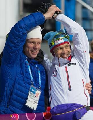 08.02.2014, Laura Cross-country Ski und Biathlon Center, Krasnaya Polyana, RUS, Sochi 2014, Biathlon, Herren, Sprint 10 Km, im Bild Björn Daehli und Olympiasieger Ole Einar Björndalen (NOR, Goldmedaille) Björn Daehli and gold winner Ole Einar Björndalen of Norway during the Sprint 10km of mens Biathlon of the Olympic Winter Games Sochi 2014 at the Laura Cross-country Ski and Biathlon Center in Krasnaya Polyana, Russia on 2014 02 08.  EP_Gro  