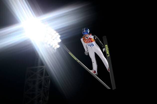 OLYMPIA - Olympische Spiele 2014 KRASNAJA POLJANA,RUSSLAND,09.FEB.14 - DIVERS, OLYMPIA, SKI NORDISCH, SKISPRINGEN - Olympische Winterspiele Sotschi 2014, RusSki Gorki Jumping Center, Normalschanze, Herren. Bild zeigt Peter Prevc (SLO). Keywords: Esto-Sadok. 