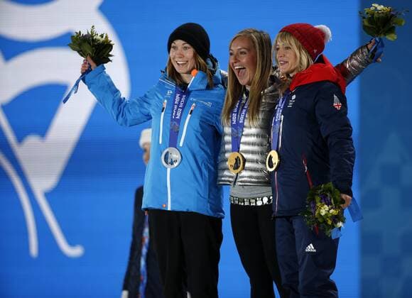 Feb. 9, 2014 - Sochi, Russian Federation - ENNI RUKAJARVI, 23, silver medal for Snowboard Ladies Slopestyle. Along side her is the gold medal winner: JAMIE ANDERSON, As well as JENNY JONES, Slopestyle Medal Ceremony was held in front of Olympic flame in Olympic Park. Women s Snowboard Slopestyle - Sochi 2014 - ZUMAm30