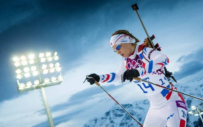 Sotschi , 090214 , Biathlon- und Langlaufzentrum Laura , 7,5-Kilometer-Sprint der Frauen im Bild: Anais Bescond (Frankreich)