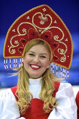 Feb. 10, 2014 - Sochi, Russia - A Russian fan wears a colorful outfit to the Men s 1500 Speed Skating finals at the 2014 Winter Olympics in Sochi. Men s Speed Skating - Sochi 2014 - ZUMAw10