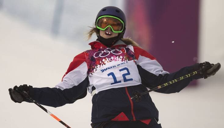 (140211) -- SOCHI, Feb. 11, 2014 (Xinhua) -- Katie Summerhayes of Great Britain reacts after the women s ski slopestyle final of Freestyle Skiing at the 2014 Sochi Winter Olympic Games in Sochi, Russia, Feb. 11, 2014. Katie Summerhayes took the 7th place with 70.60 points. (Xinhua Fei Maohua) (SP)OLY-RUSSIA-SOCHI-FREESTYLE SKIING-WOMEN S SKI SLOPESTYLE FINAL 