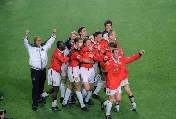 Ole Gunnar Solskjaer of Manchester Utd celebrates the winning goal - UEFA Champions League final 1999 - Manchester United vs Bayern Munich at the Now Camp Stadium, Barcelona, Spain - 26th May 1999 Pictures Simon Bellis Sportimage EDITORIAL USE ONLY. No use with unauthorised audio, video, data, fixture lists, club league logos or live services. Online in-match use limited to 120 images, no video emulation. No use in betting, games or single club league player publications.