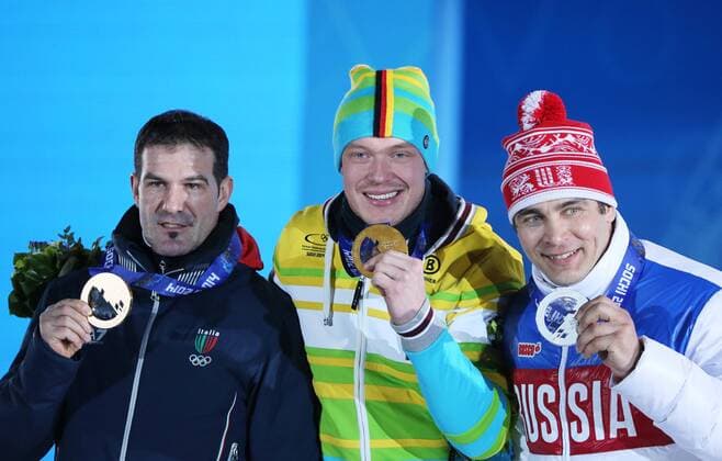 Sotschi, Olympia, Olympische Winterspiele 2014, Olympic winter games,sochi, 10.02.2014, Siegerehrung, Medals Plaza, Sotschi, Armin Zoeggeler, Silber, Felix Loch, Gold, Albert Demchenko, Bronze