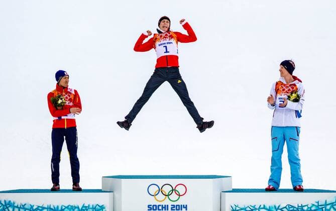 Sotschi , 120214 , Skisprungkomplex RusSki , Nordische Kombination im Bild: Akito Watabe (Japan) , Eric Frenzel (Deutschland) und Magnus Krog (Norwegen)