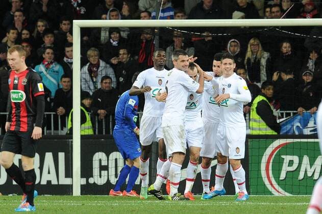 joie de Dimitar Berbatov apres son but - Jeremy Toulalan - James Rodriguez - Emmanuel Riviere (Monaco) FOOTBALL : OGC Nice vs AS Monaco - Coupe de France - 12 02 2014 NLeGouic FEP Panoramic 