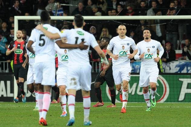 joie de Dimitar Berbatov apres son but - Emmanuel Riviere (Monaco) FOOTBALL : OGC Nice vs AS Monaco - Coupe de France - 12 02 2014 NLeGouic FEP Panoramic 