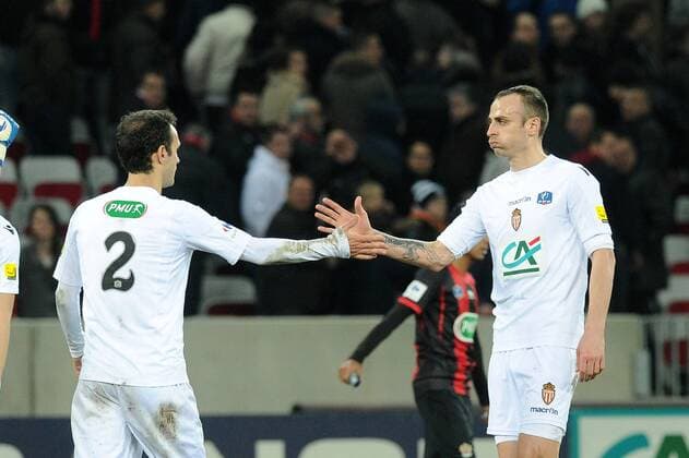joie Dimitar Berbatov - Ricardo Carvalho (Monaco) FOOTBALL : OGC Nice vs AS Monaco - Coupe de France - 12 02 2014 NLeGouic FEP Panoramic 