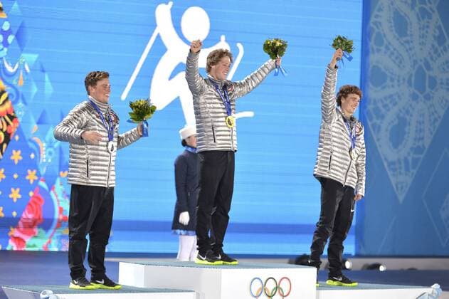 United States Gus Kenworthy, Joss Christensen and Nicholas Goepper celebrate with their silver, gold and bronze medals during the victory ceremony for freestyle men s ski slopestyle at the Sochi 2014 Winter Olympics on February 13, 2014 in Sochi, Russia.  OLY20140213416