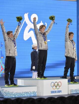 United States Gus Kenworthy, Joss Christensen and Nicholas Goepper celebrate with their silver, gold and bronze medals during the victory ceremony for freestyle men s ski slopestyle at the Sochi 2014 Winter Olympics on February 13, 2014 in Sochi, Russia.  OLY20140213417