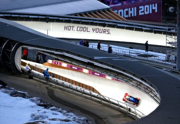 Feb. 13, 2014 - Sochi, Russia - The Italian bobsled team rounds the track during Two-Man Bobsled training at the Sanki Sliding Center at the 2014 Sochi Winter Olympics. Men s Bobsleigh - Sochi 2014  - ZUMAgh