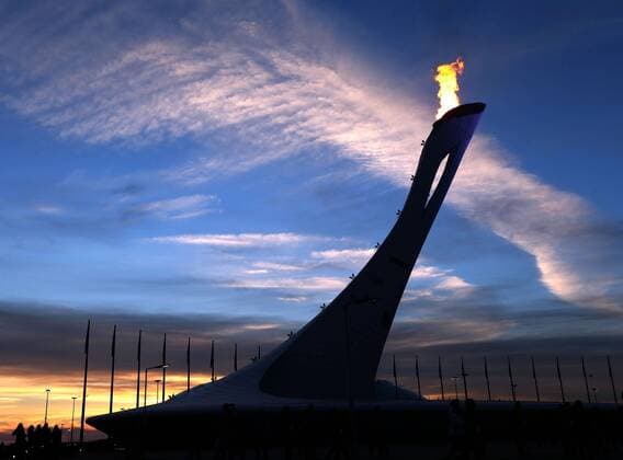 Feb. 13, 2014 - Sochi, Krasnodar Krai, Russia - The Olympic flame burns bright as the sun sets during the 2014 Sochi Winter Olympics on February 13 in Sochi, Russia. Olympic Flame - Sochi 2014.. - ZUMAa35