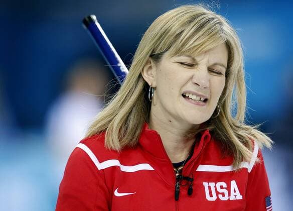 Feb. 14, 2014 - Sochi, RUS - Team USA skip Erika Brown reacts during Friday s draw in the women s curling competition against Denmark at the Ice Cube Curling Centre during the Winter Olympics in Sochi, Russia, Friday, Feb. 14, 2014. Denmark beat USA 9-2. USA vs. DNK Curling - ZUMAm67