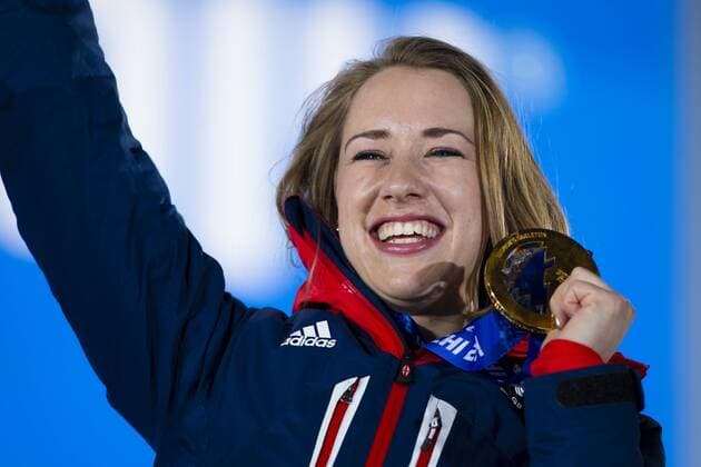 15.02.2014 Sochi, Krasnodar Krai, Russia. Lizzy YARNOLD (GBR) proudly displaying her Gold medal during the Medal Ceremony for the Women s Skeleton at the Sochi Medals Plaza, Coastal Cluster - XXII Olympic Winter Games xCraigxMercerx  ActionPlus0000120172928