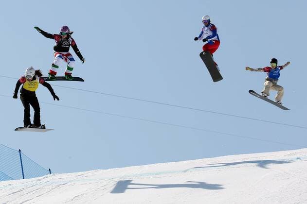 Feb. 16, 2014 - Sochi, RUS - Alexandra Jekova of Bulgaria (left to right), Michela Moioli of Italy, Chloe Trespeuch of France and Fay Gulini of the USA compete during the women s snowboard cross final at the Rosa Khutor Extreme Park during the Winter Olympics in Sochi, Russia, Sunday, Feb. 16, 2014. Women s Snowboard Cross - ZUMAm67