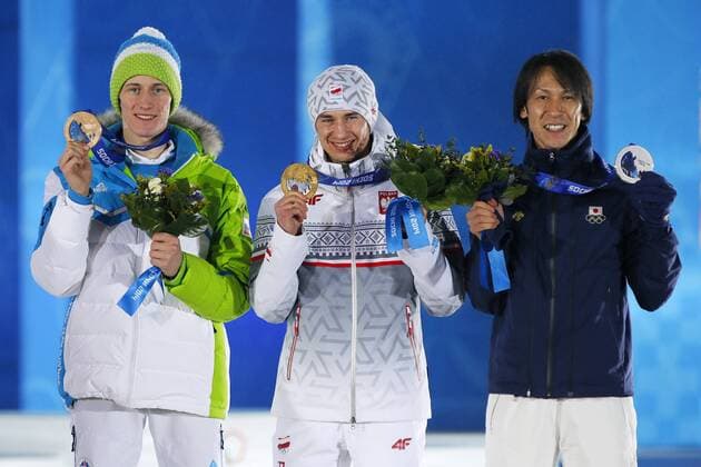 (L-R) Noriaki Kasai (JPN), Kamil Stoch (POL), Peter Prevc (SLO), FEBRUARY 16, 2014 - Ski Jumping : Men s Individual Large Hill Medal Ceremony at Olympic Park during the Sochi 2014 Olympic Winter Games in Sochi, Russia. Noxthirdxpartyxsales  ( qdwa031005)