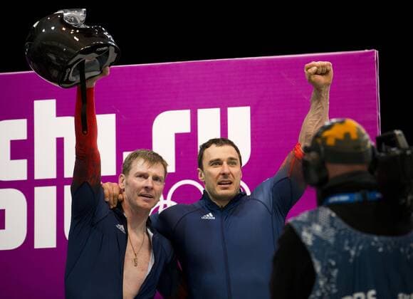 Feb. 17, 2014 - Sochi, Russia - Alexander Zubkov and Alexey Voevodal, right, of Russia celebrate their gold medal in the men s two-man bobsled at the Sanki Sliding Center during the Sochi 2014 Winter Olympic in Sochi, Russia. Men s Two-Man Bobsled- Sochi 2014 - ZUMAj89