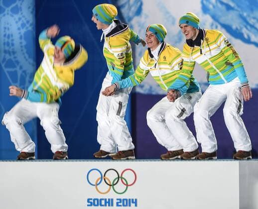 (140218) -- SOCHI, Feb. 18, 2014 (Xinhua) -- Gold medalists of team Germany celebrate at the victory ceremony for men s team ski jumping event at the 2014 Sochi Winter Olympic Games in Sochi, Russia, Feb. 18, 2014. (Xinhua Wang Haofei) (SP)OLY-RUSSIA-SOCHI-SKI JUMPING-MEN S TEAM 