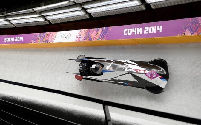 Feb. 18, 2014 - Sochi, RUS - The USA 1 team of Elana Meyers and Lauryn Williams make their second-heat run in the women s bobsleigh at the Sanki Sliding Centre, during the Winter Olympics in Sochi, Russia, Tuesday, Feb. 18, 2014. Women s Bobsleigh - ZUMAm67