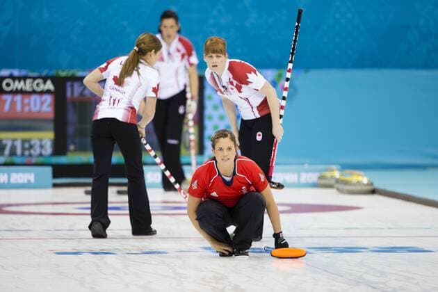 19.02.2014 Sochi, Krasnodar Krai, Russia. Great Britain s Vicki ADAMS reacts after delivering a stone during the semifinal of the Women s Curling competition between Great Britain and Canada from the Ice Cube Curling Centre, Coastal Clustre - XXII Olympic Winter Games xCraigxMercerx  ActionPlus20175181