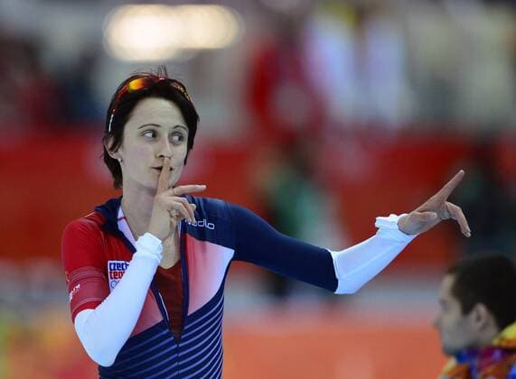 Czech speedskater Martina Sablikova celebrates after winning gold in the women s 5000-meter speedskating race at the Adler Arena Skating Center during the 2014 Winter Olympics in Sochi, Russia, February 19, 2014. (CTKxPhoto RomanxVondrous) CTKPhotoP201402190852401  vnd