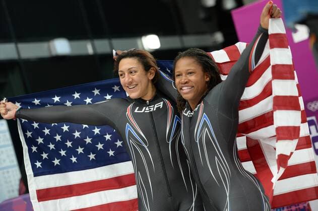 Elana MEYERS Lauryn WILLIAMS (USA-1), im Ziel, Jubel, jubelt, Freude, Begeisterung, Emotion, jubeln, cheers, 2. Platz, Silber, Silbermedaille, Silbermedaillengewinnerin, Bob der Frauen, Damen, Women, Bobsleigh 19.02.2014 Sliding Center Sanki. XXII. Olympische Winterspiele 2014, vom 07.02. - 23.02.2014 in Sotschi Russland.