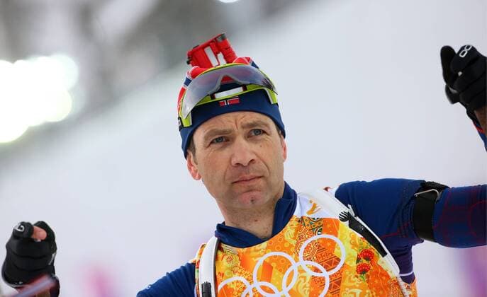 ITAR-TASS: SOCHI, RUSSIA. FEBRUARY 19, 2014. Norway s Ole Einar Bjorndalen (Bjoerndalen) competes to win gold in the 2x6km women + 2x7.5 km men mixed relay at the Laura Ski and Biathlon Centre at the 22nd Winter Olympic Games.  RE13A39A