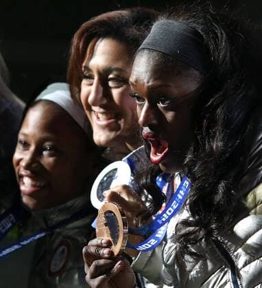Feb. 20, 2014 - Sochi, Krasnodar Krai, Russia - USA s Women s Bobsleigher Aja EVANS(Bronze medal), Elayna Meyers and Lauryn Williams with their medals for Women s Bobleigh during the Winter Olympics on February 20 in Sochi, Russia. Cross-Country Skiing Men s Team Sprint Classic - Sochi 2014 Cross-Country Skiing Ladies Team Sprint Classic - Sochi 2014 Men s Alpine Skiing - Sochi 2014 Women s Bobsleigh - Sochi 2014 - ZUMAa35