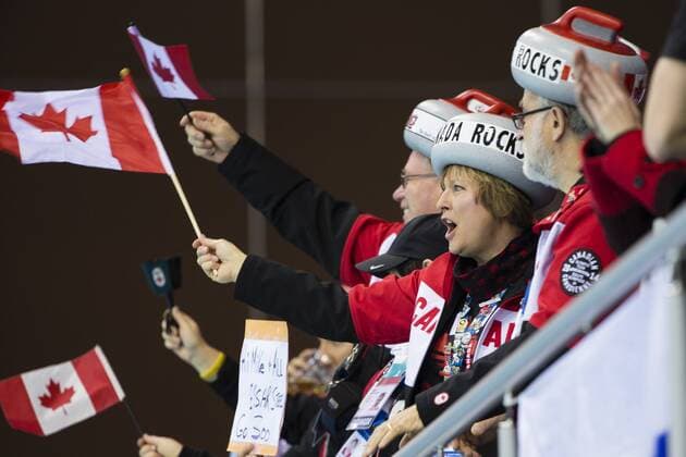 21.02.2014 Sochi, Krasnodar Krai, Russia. Canadian fans during the Gold Medal Game of the Men s Curling competition from the Ice Cube Curling Centre, Coastal Cluster - XXII Olympic Winter Games xCraigxMercerx  ActionPlus20176874