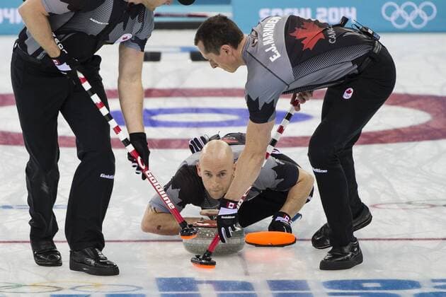 21.02.2014 Sochi, Krasnodar Krai, Russia. Canada vice-skip Ryan FRY delivers a stone during the Gold Medal Game of the Men s Curling competition from the Ice Cube Curling Centre, Coastal Cluster - XXII Olympic Winter Games xCraigxMercerx  ActionPlus20176876