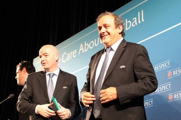 22.02.2014, Nizza - UEFA Pressekonferenz - GIANI INFANTINO, UEFA Präsident MICHEL PLATINI -  20140222CSLG0007