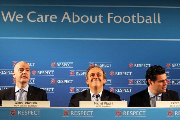 22.02.2014, Nizza - UEFA Pressekonferenz zur EM 2016 Quali Auslosung - GIANI INFANTINO, MICHEL PLATINI, PEDRO PINTO -  20140222CSLG0110