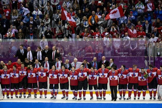 Feb. 23, 2014 - Sochi, Russia - Members of the Canadian team wear their gold medals during the award ceremony in Mens gold medal game at the Bolshoy Ice Dome during the Sochi 2014 Winter Olympic in Sochi, Russia. Men s Hockey - Wins Gold - Sochi 2014 - ZUMAj89