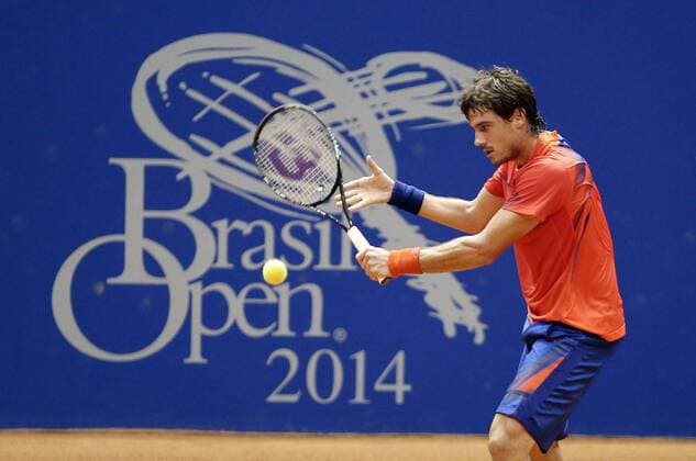 Guido Pella of Argentina returns a ball during the men s singles match at the Brazil Open 2014 in Sao Paulo, Brazil, on Feb. 24, 2014. .(Xinhua RahelxPatrasso) (rt) (sp) (SP)BRAZIL-SAO PAULO-TENNIS-BRAZIL OPEN 