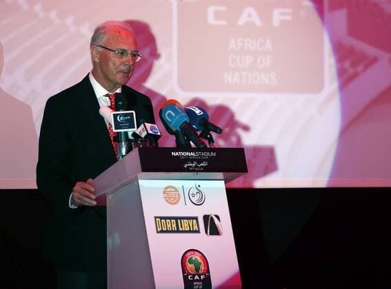 (140226) -- TRIPOLI, Feb. 26, 2014(Xinhua) -- German football legend Franz Beckenbauer delivers a speech during a ceremony for the laying of a foundation stone of Libyan National Stadium that is to host the 2017 Africa Cup of Nations in Tripoli, Libya, on Feb 26, 2014. (Xinhua Hamza Turkia) LIBYA-TRIPOLI-AFR2017-STADIUM 