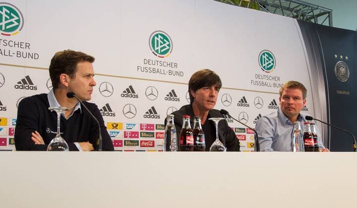 Oliver Bierhoff (Teammanager der deutschen Fussballnationalmannschaft), Joachim Loew (Bundestrainer der deutschen Fussballnationalmannschaft) und Jens Grittner (DFB Pressechef) DFB Pressekonferenz mit Joachim Loew und Oliver Bierhoff, Nationalmannschaft, Fussball, 03.03.2014, EP_ANS