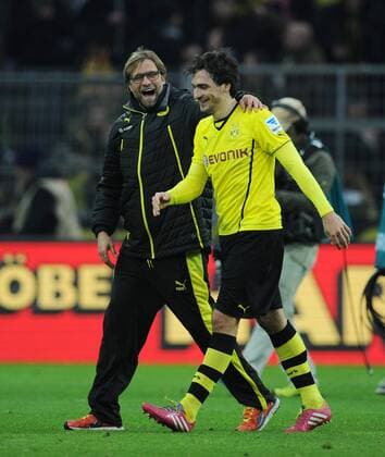 01-03-2014, Fussball, Saison 2013-2014, 1. Bundesliga, 23. Spieltag, Borussia Dortmund - 1. FC Nürnberg, Jubel Trainer Juergen Klopp (Jürgen Klopp, Borussia Dortmund), li., und Mats Hummels (Borussia Dortmund)