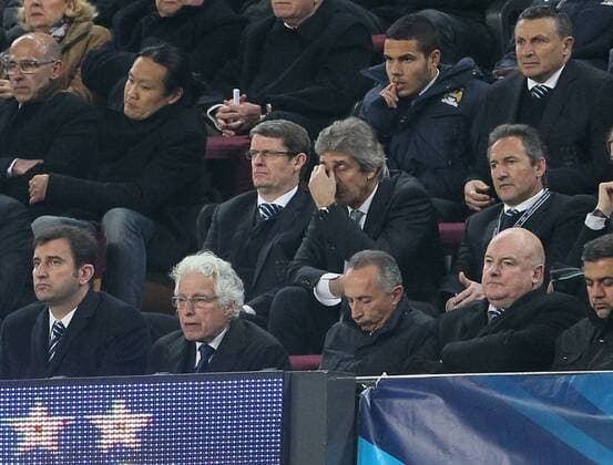 Manchester City s Manuel Pellegrini looks on dejected from the stands Barcelona v Manchester City - Champions League last 16, second leg - Nou Camp - Barcelona - Spain - 12 03 2014 - Pic David Klein Sportimage EDITORIAL USE ONLY. No use with unauthorised audio, video, data, fixture lists, club league logos or live services. Online in-match use limited to 120 images, no video emulation. No use in betting, games or single club league player publications.