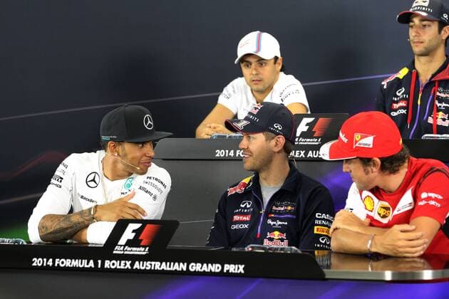 Motorsports: FIA Formula One World Championship 2014, Grand Prix of Australia, 44 Lewis Hamilton (GBR, Mercedes AMG Petronas F1 Team), 1 Sebastian Vettel (GER, Infiniti Red Bull Racing), 14 Fernando Alonso (ESP, Scuderia Ferrari), xHOCHxZWEIx
