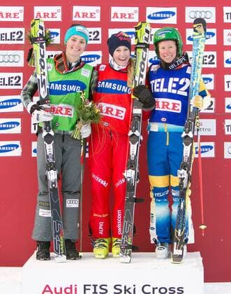 FREE STYLE - FIS WC Aare, Ski Cross AARE,SCHWEDEN,15.MAR.14 - FREE SKI, FREESTYLE SKIING - FIS Weltcup, Skicross, Damen, Siegerehrung. Bild zeigt Marielle Thompson (CAN), Fanny Smith (SUI) und Sandra Naeslund (SWE). 