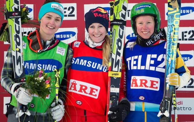 FREE STYLE - FIS WC Aare, Ski Cross AARE,SCHWEDEN,15.MAR.14 - FREE SKI, FREESTYLE SKIING - FIS Weltcup, Skicross, Damen, Siegerehrung. Bild zeigt Marielle Thompson (CAN), Fanny Smith (SUI) und Sandra Naeslund (SWE). 