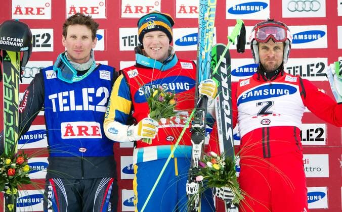 FREE STYLE - FIS WC Aare, Ski Cross AARE,SCHWEDEN,15.MAR.14 - FREE SKI, FREESTYLE SKIING - FIS Weltcup, Skicross, Herren, Siegerehrung. Bild zeigt Jonathan Midol (FRA), Victor Oehling Norberg (SWE) und Armin Niederer (SUI). 